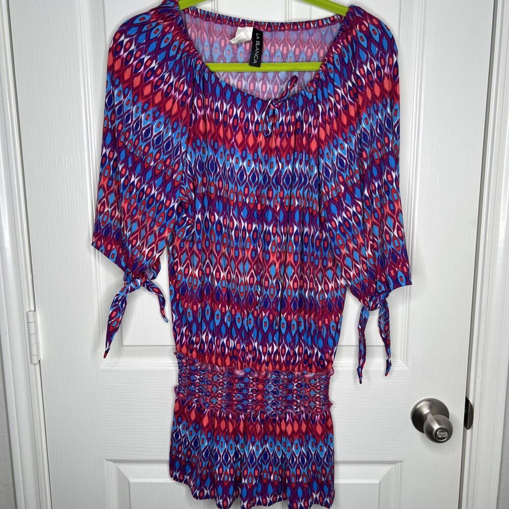 La Blanca Cover Up Dress Kaftan Santorini Tunic Ikat Knotted Sleeve Size Small
